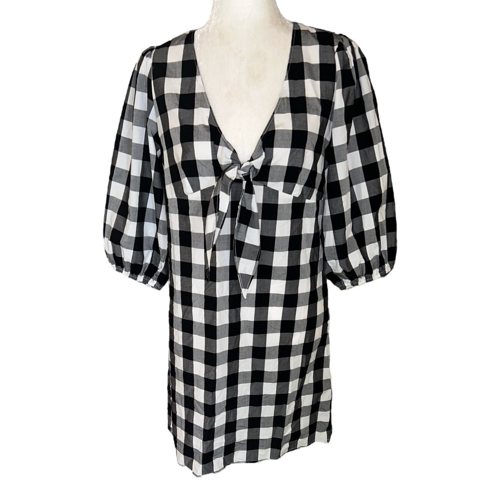 Tyler Boe Black White Checked Gingham Puff Sleeve Bow Detail Tie Mini Dress - 4